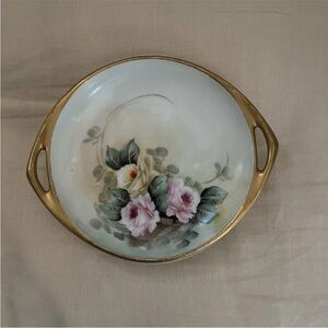Antique Gold Pink Floral Vienna Austria Hand Painted SIGNED Peters Dish Bowl